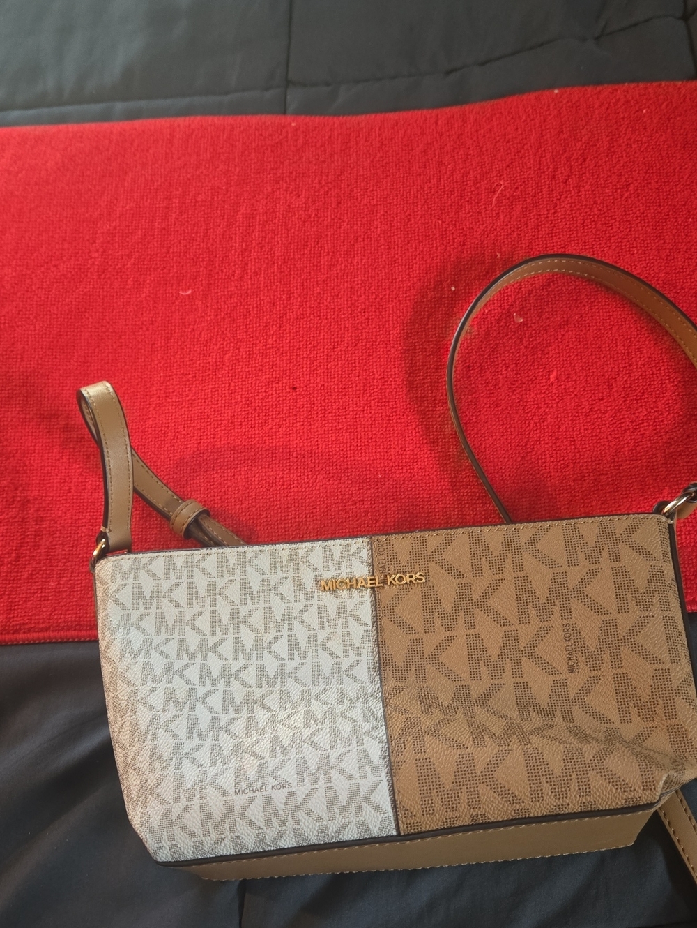 Michael Kors Two-Tone MK Logo Crossbody in Light Beige and Brown